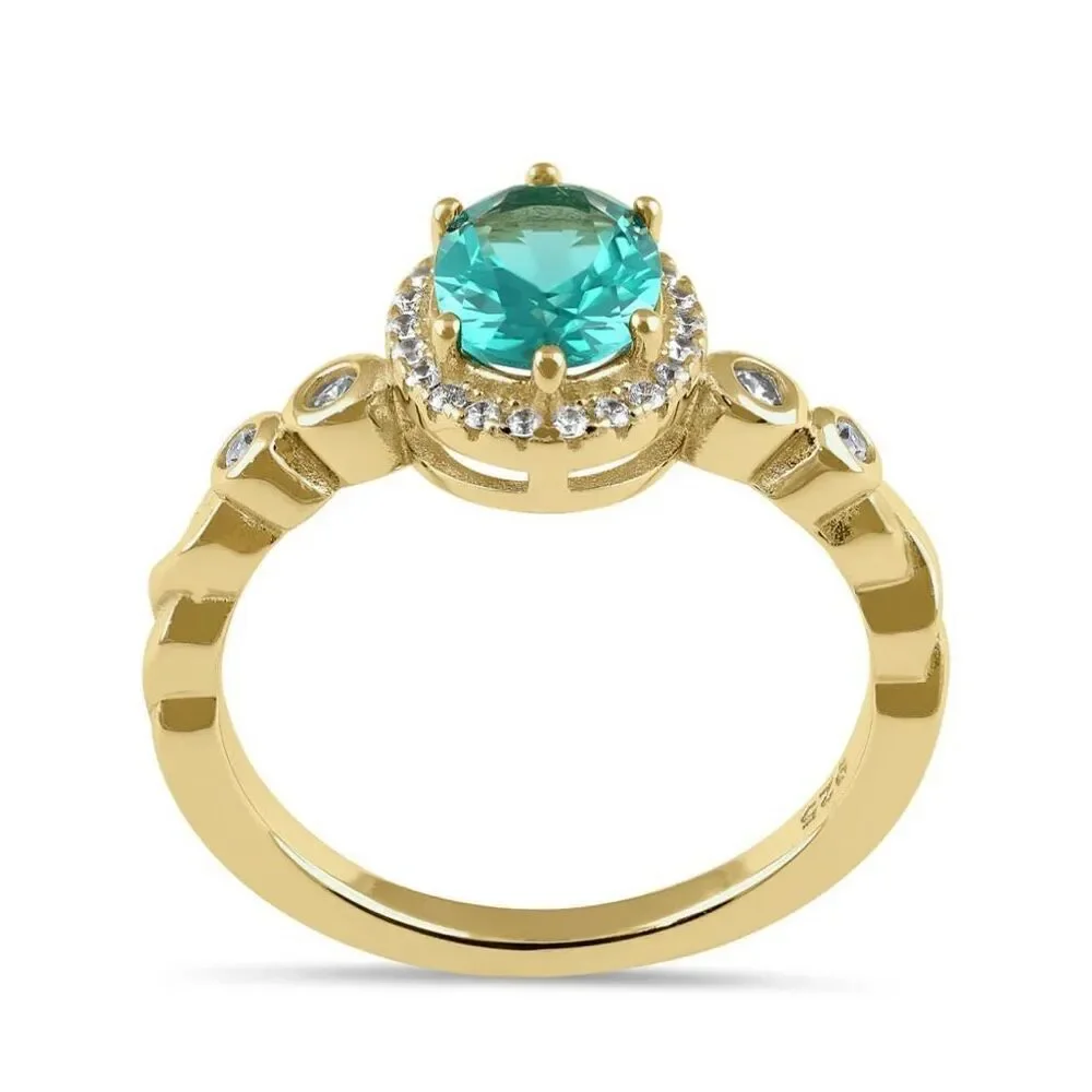 Sterling Elegance: Teal Halo Ring in Gold Vermeil with Side Stone Detailing